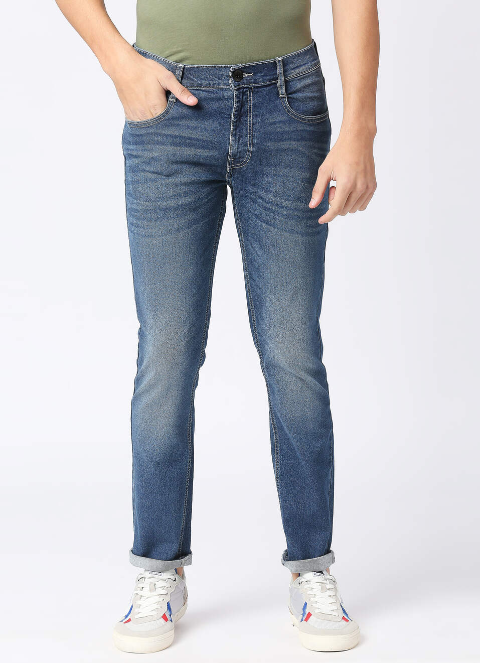 Men Blue Low Rise Slim Fit Tapered Leg Stretchable Jeans, , large image number 1