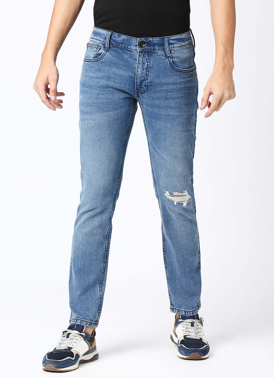 Men Blue Low Rise Distressed Slim Fit Stretchable Jeans, , large image number 2