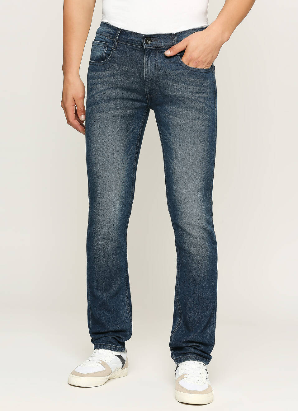 Men Dark Blue Mid Rise Slim Fit Stretchable Jeans, , large image number 1