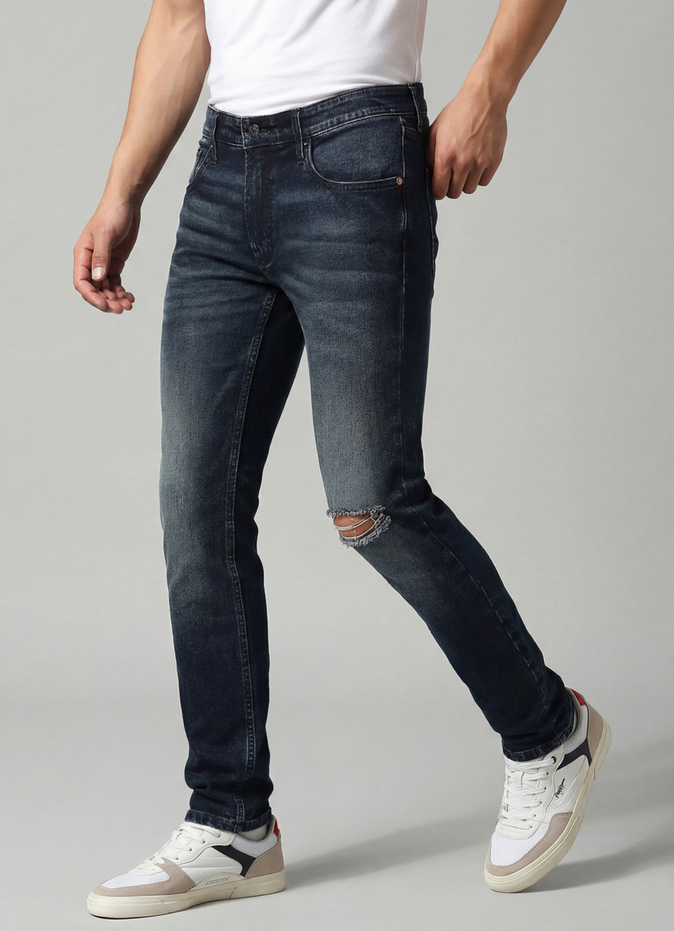 Vapour Dark Blue Low Waist Tapered Jeans, , large image number 0