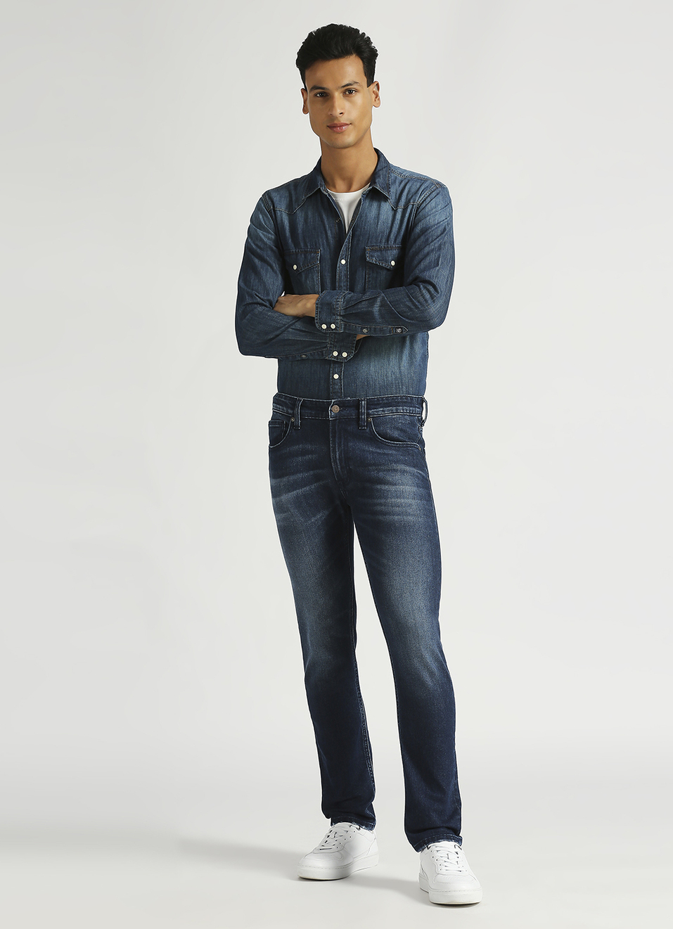 Vapour Dark Blue Low Rise Tapered Jeans, , large image number 1