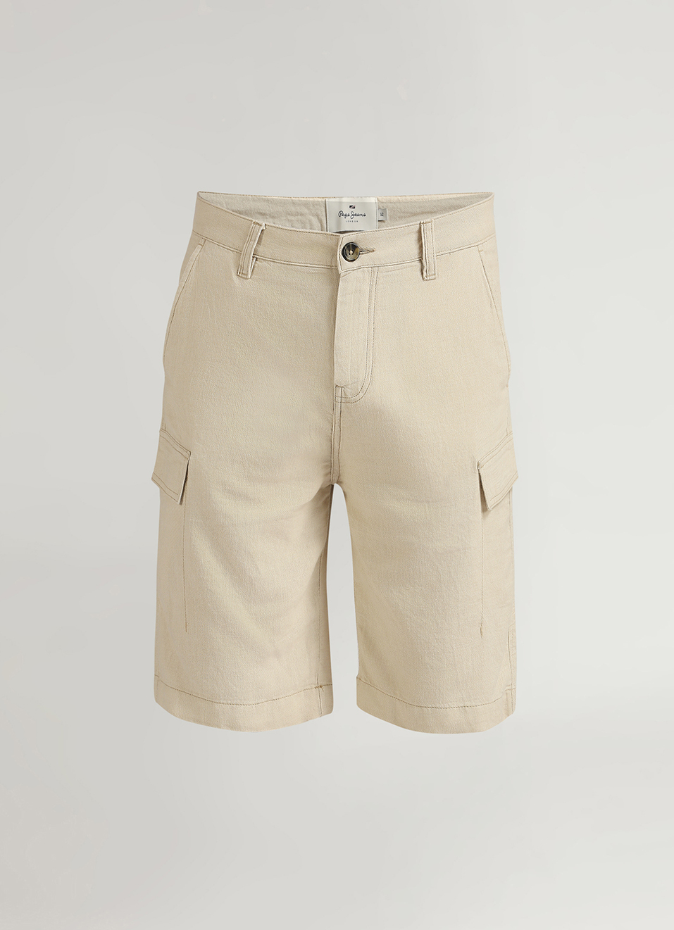 Off White Back Welt Pockets Linen Cargo Shorts, , large image number 6