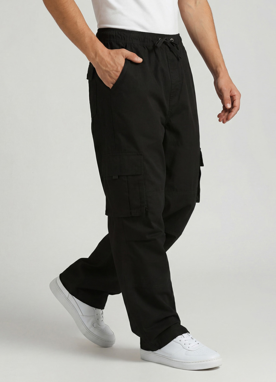 Black Solid Cargo Pants, , large image number 0