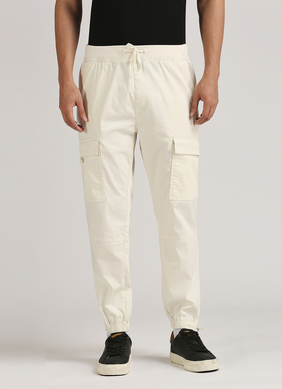 Off White Solid Patch Pockets Joggers, , large image number 5