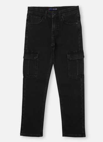 Boys Black Mid Waist Gymindigo Cargo Jeans