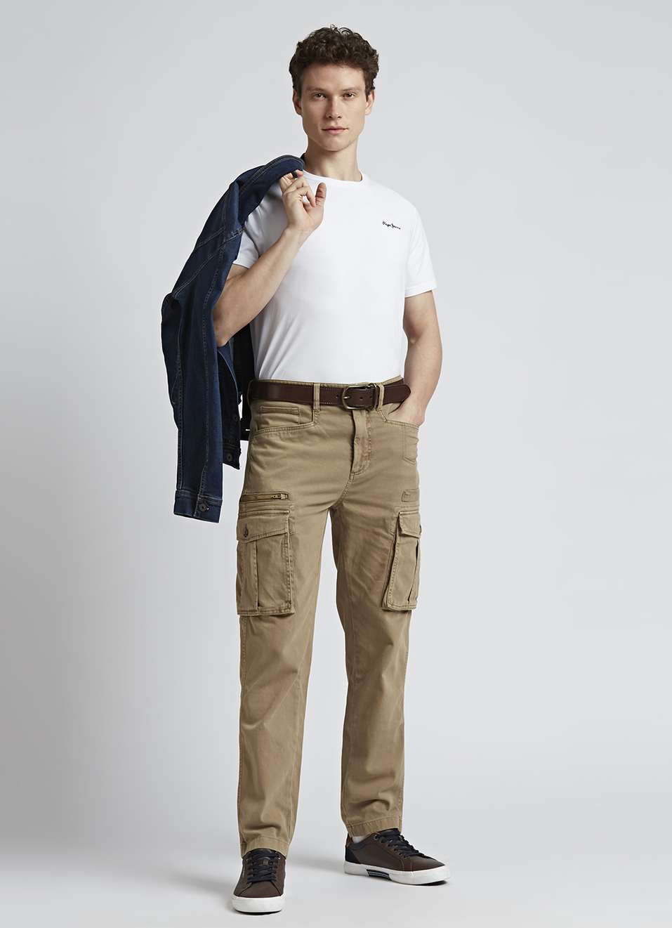 Beige Mid Waist Madrid Fit Cargo Pants, , large image number 1