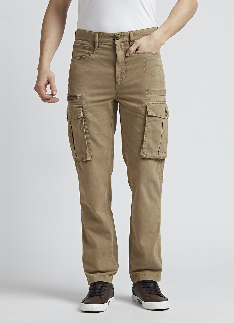 Beige Mid Waist Madrid Fit Cargo Pants, , large image number 2