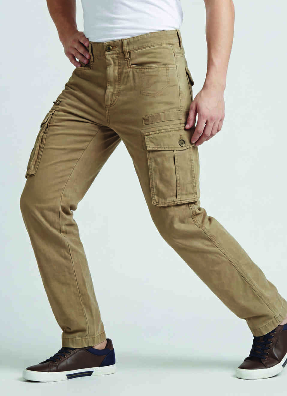Beige Mid Waist Madrid Fit Cargo Pants, , large image number 0