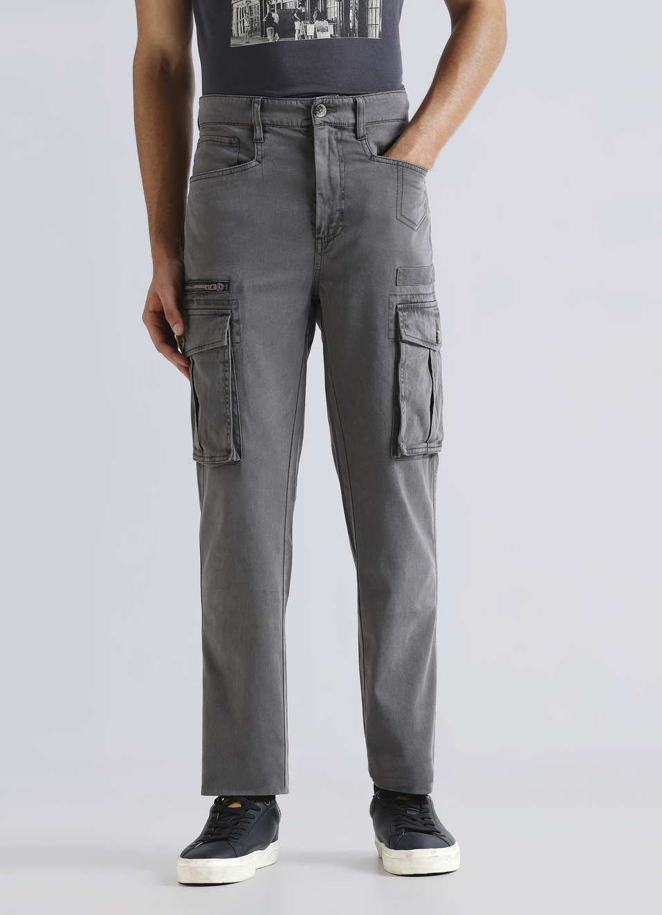 Black Mid Waist Slim Fit Cargo Pants, , large image number 1