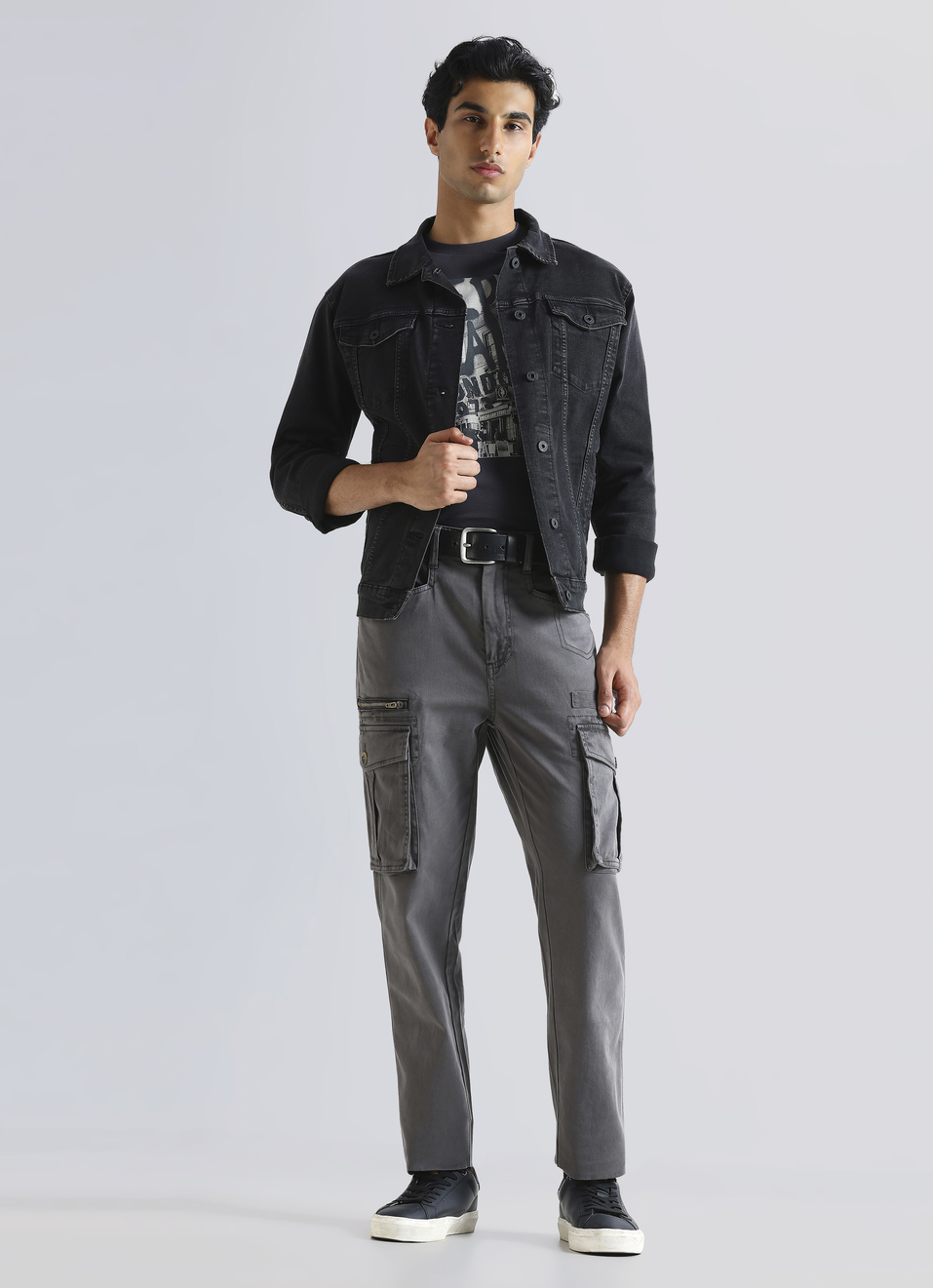 Black Mid Waist Slim Fit Cargo Pants, , large image number 0