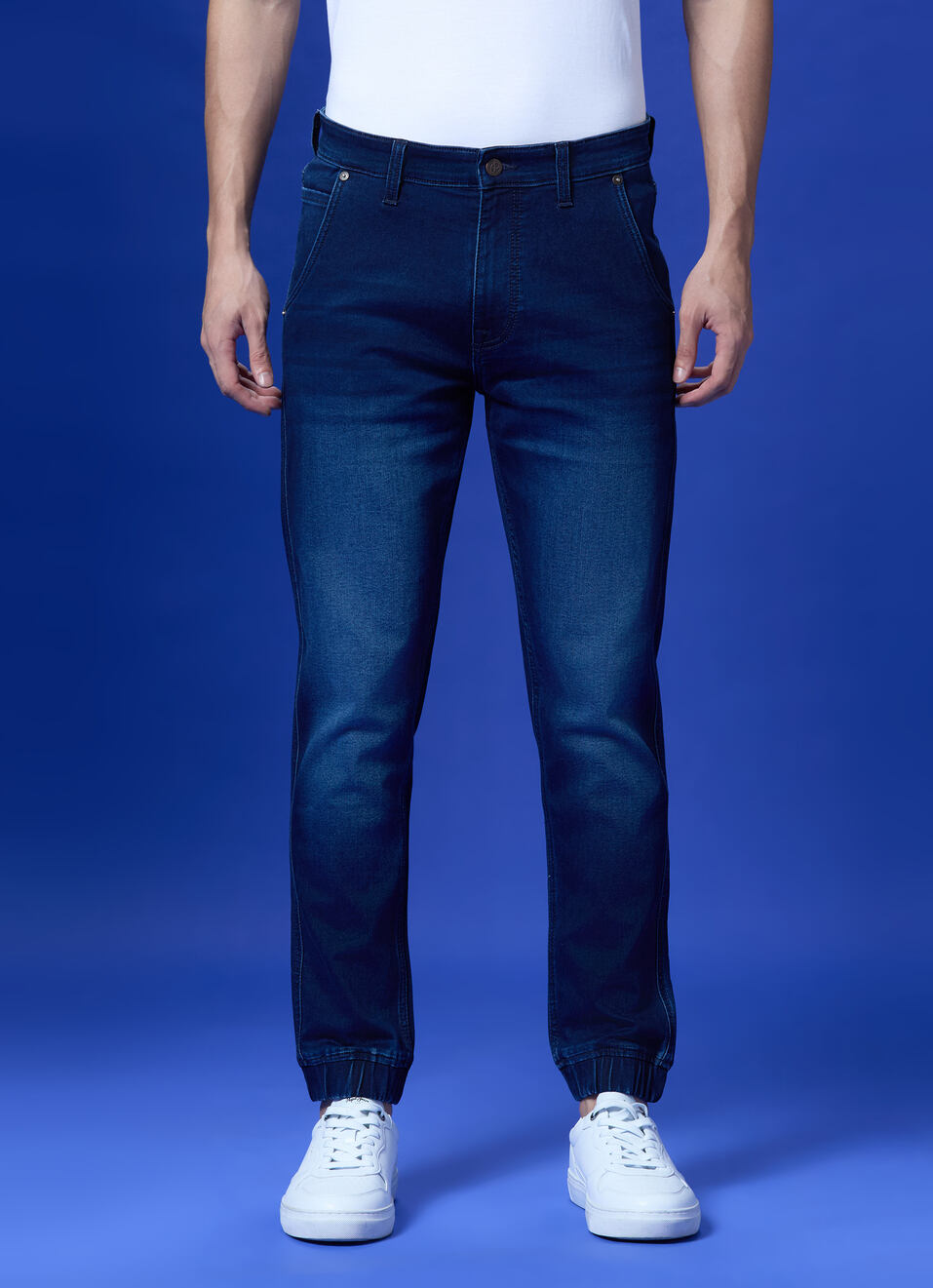 Blue Mid Rise Ankle Length Joggers, , large image number 1