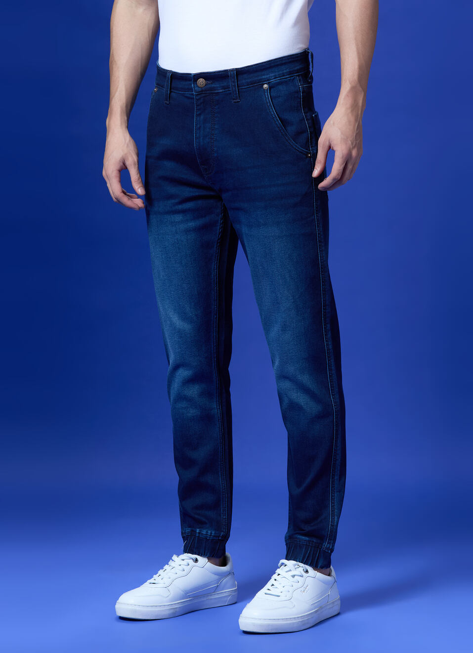 Blue Mid Rise Ankle Length Joggers, , large image number 3