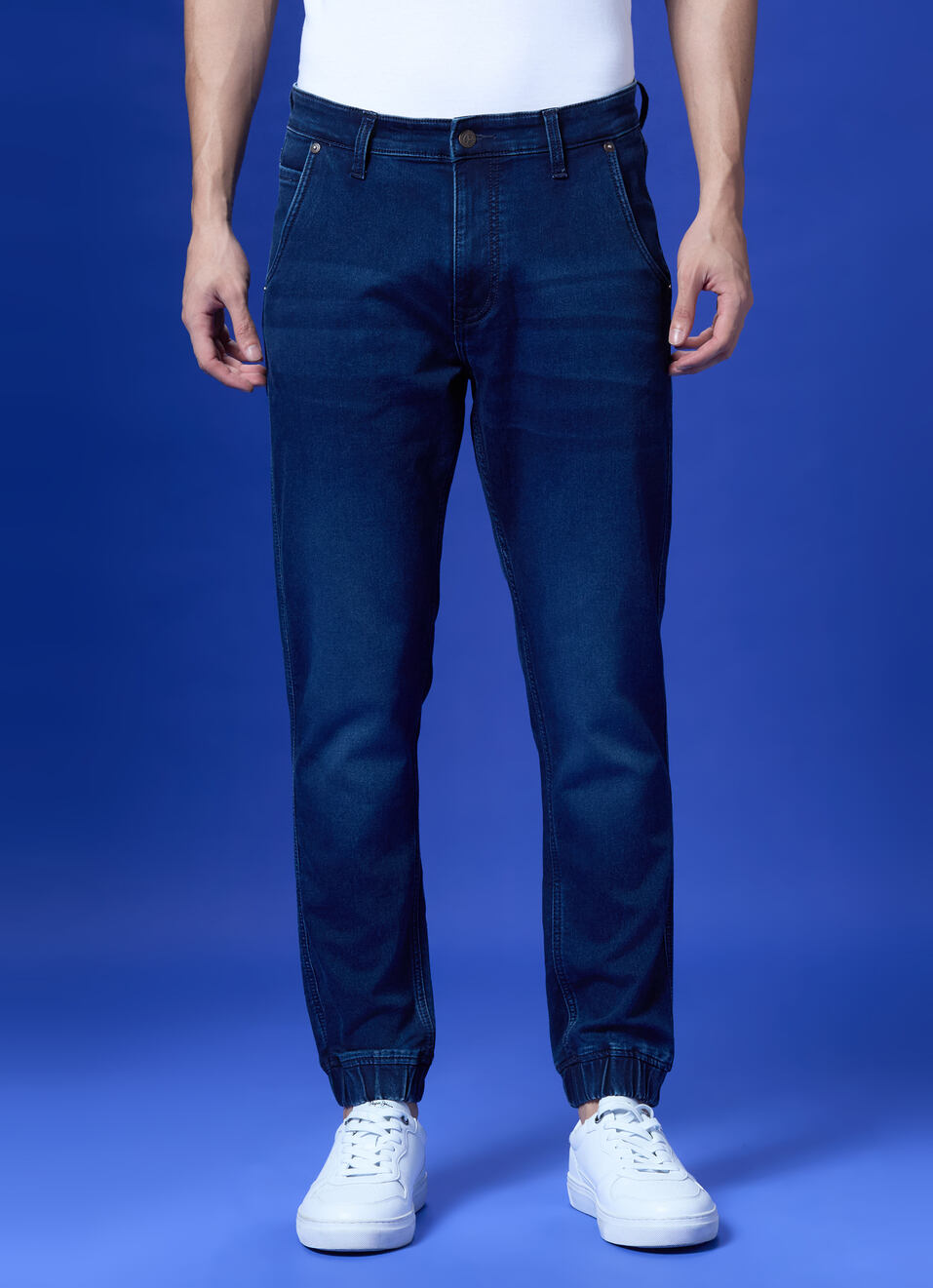 Blue Mid Rise Ankle Length Joggers, , large image number 1