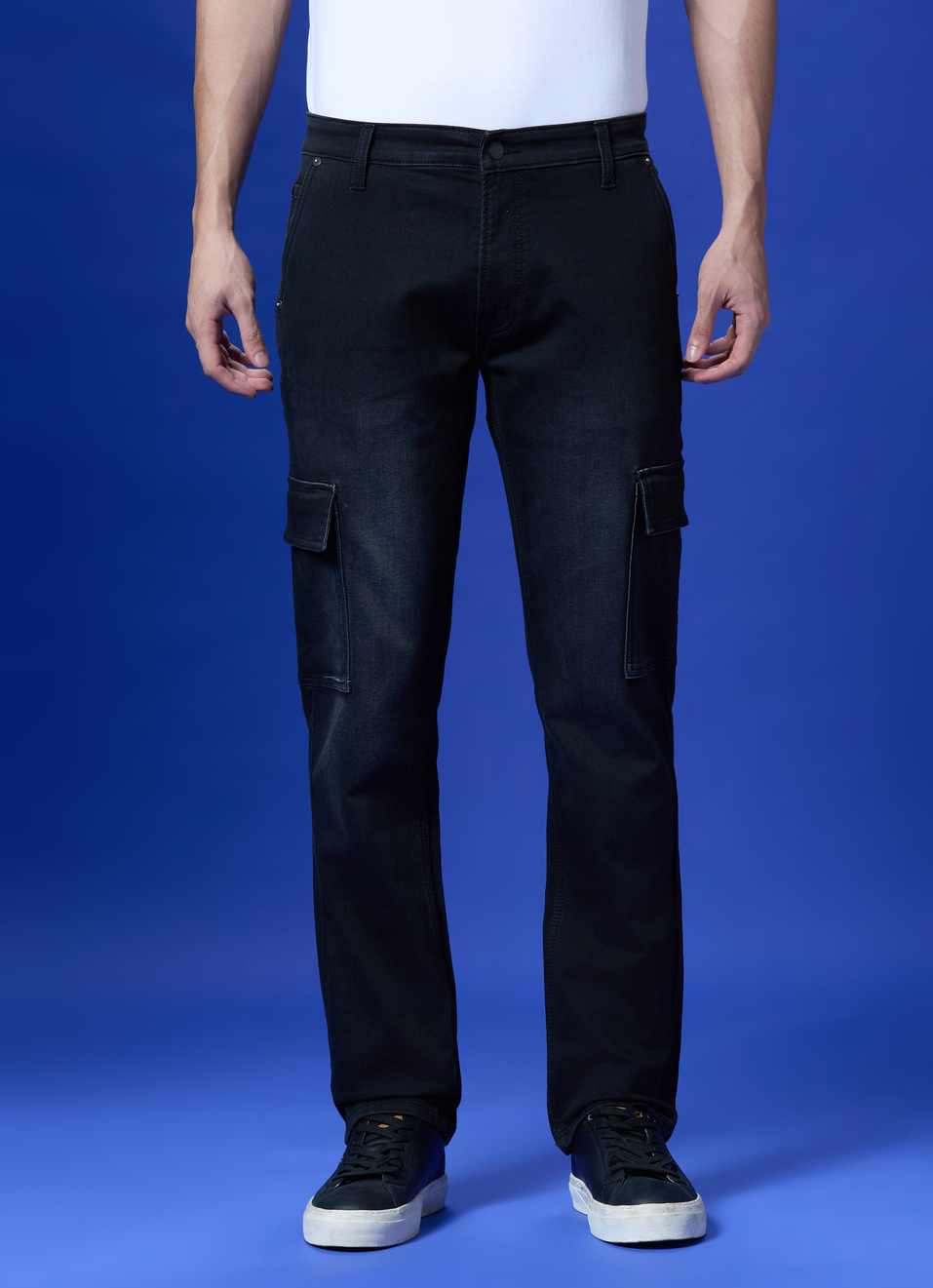 Black Mid Rise Cargo Straight Gymindigo Jeans, , large image number 1