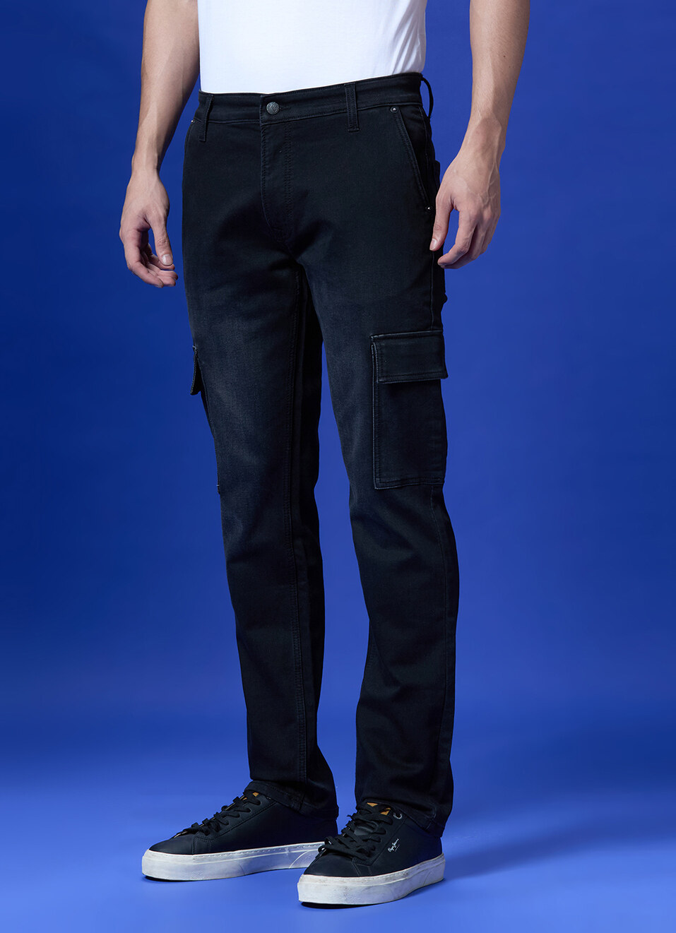 Black Mid Rise Cargo Straight Gymindigo Jeans, , large image number 5