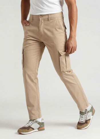 Khaki Mid Waist Straight Fit Cargo Pants