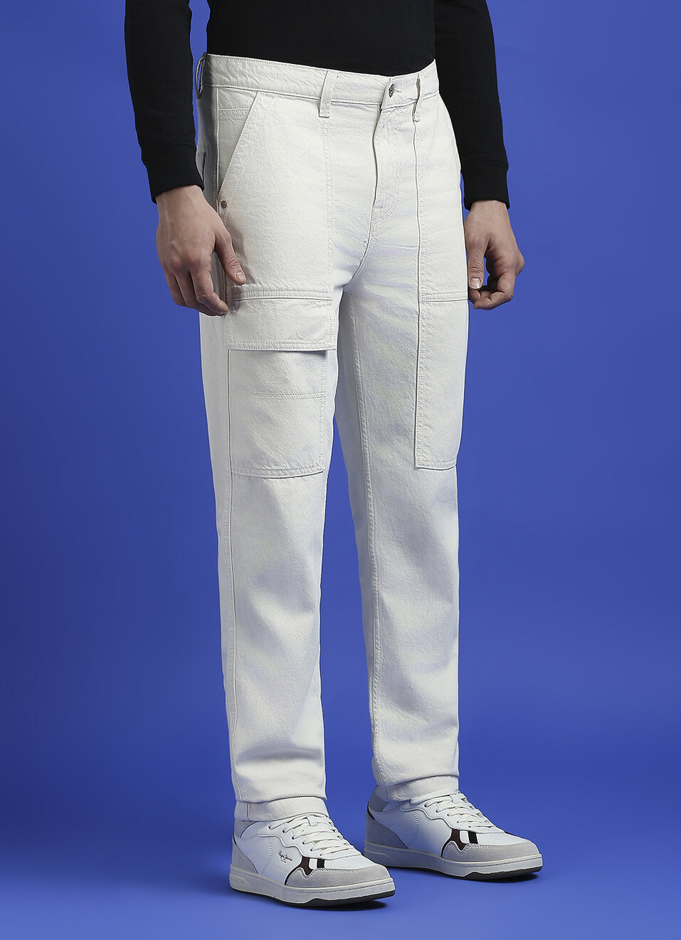 Ecru Mid Rise Straight Cargo Jeans, , large image number 6
