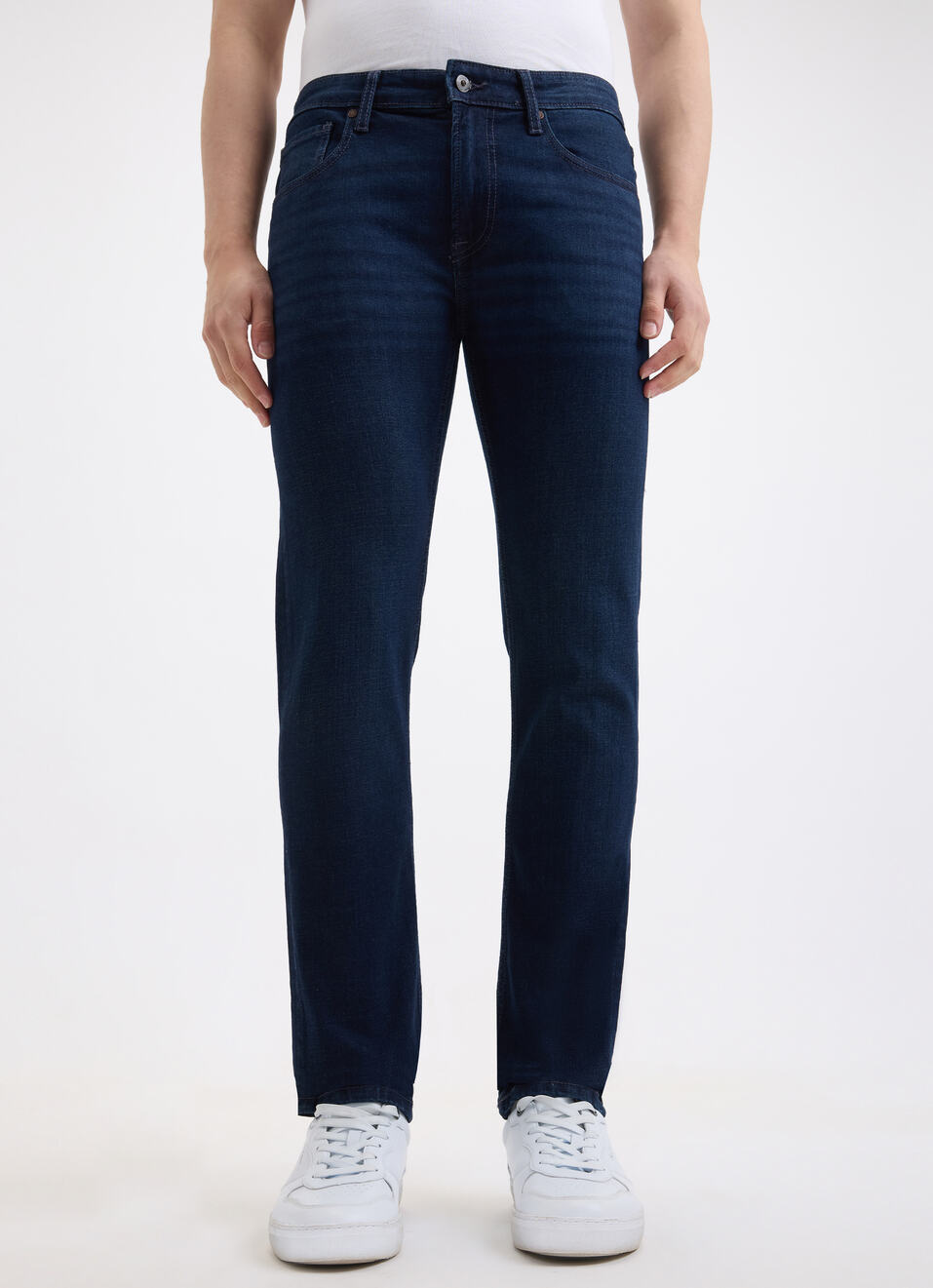 Men Dark Blue Slim Tapered Fit Low Rise Distressed Jeans , , large image number 1