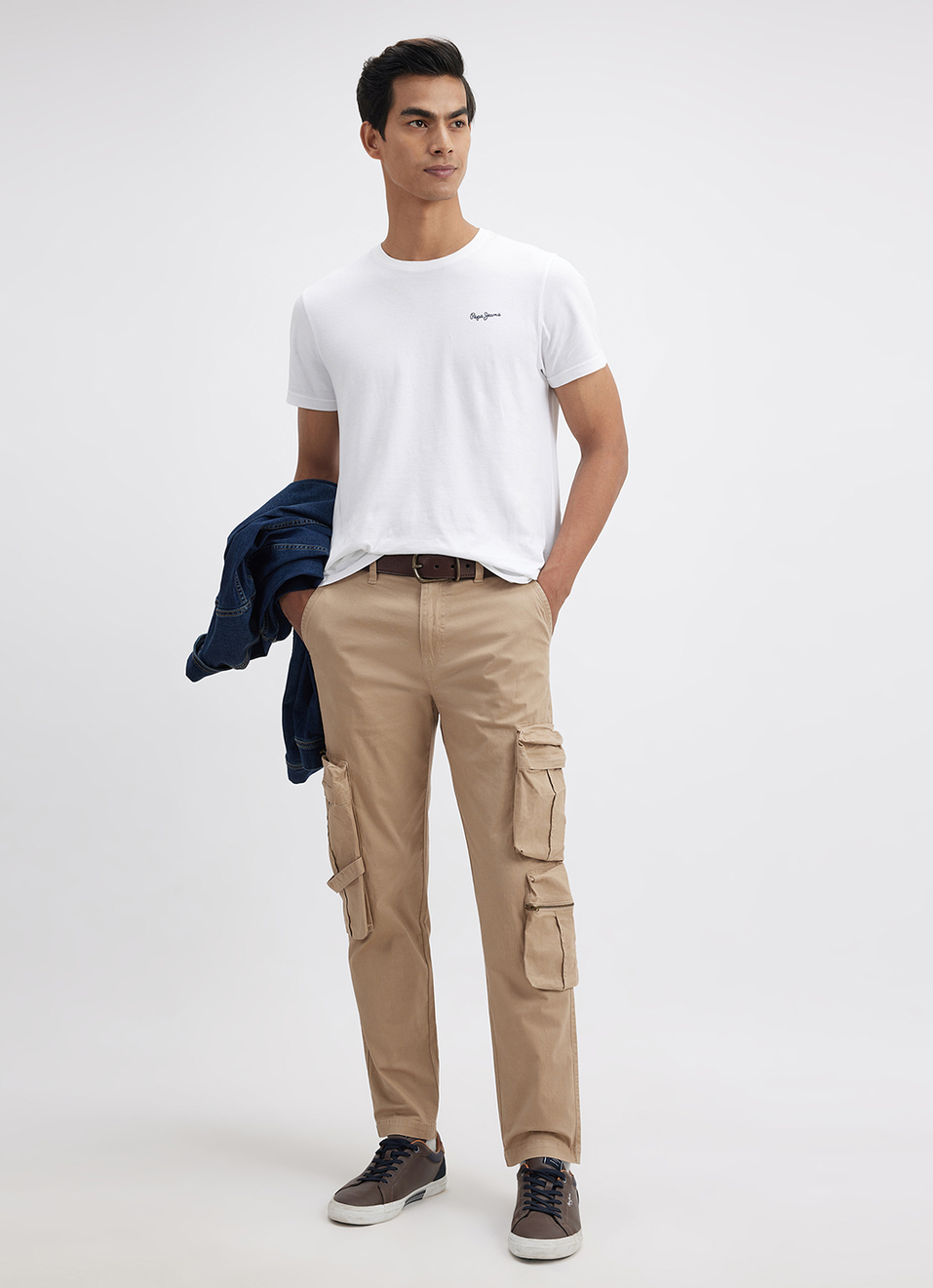 Men Khaki Mid Rise Stretch Cargos, , large image number 1
