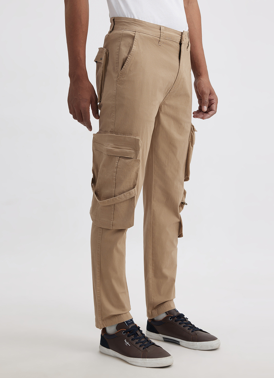 Men Khaki Mid Rise Stretch Cargos, , large image number 0