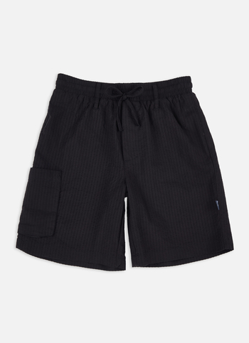 Boys Black Mid Rise Seersucker Shorts