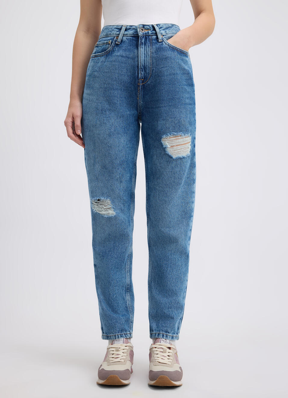 Women Blue High-rise Distressed Mom Fit Jeans, , large image number 1