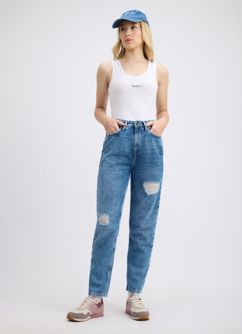 Women Blue High-rise Distressed Mom Fit Jeans