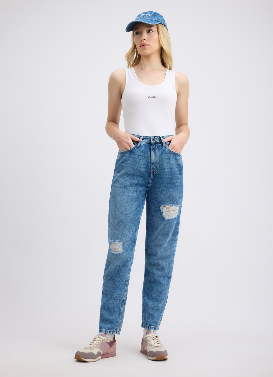 Women Blue High-rise Distressed Mom Fit Jeans, , large image number 0
