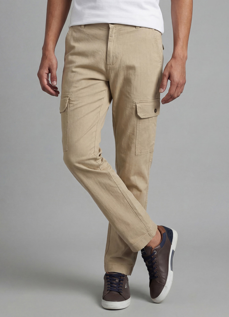 Men Beige Mid Rise Overdyed Stretch Cargos, , large image number 0