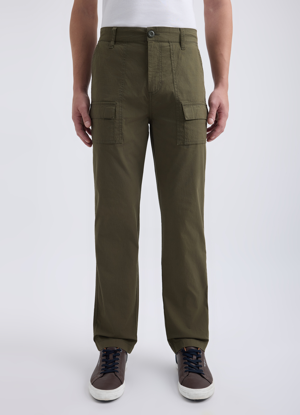 Men Green Mid Rise Over Dyed Stretch Cargos, , large image number 1