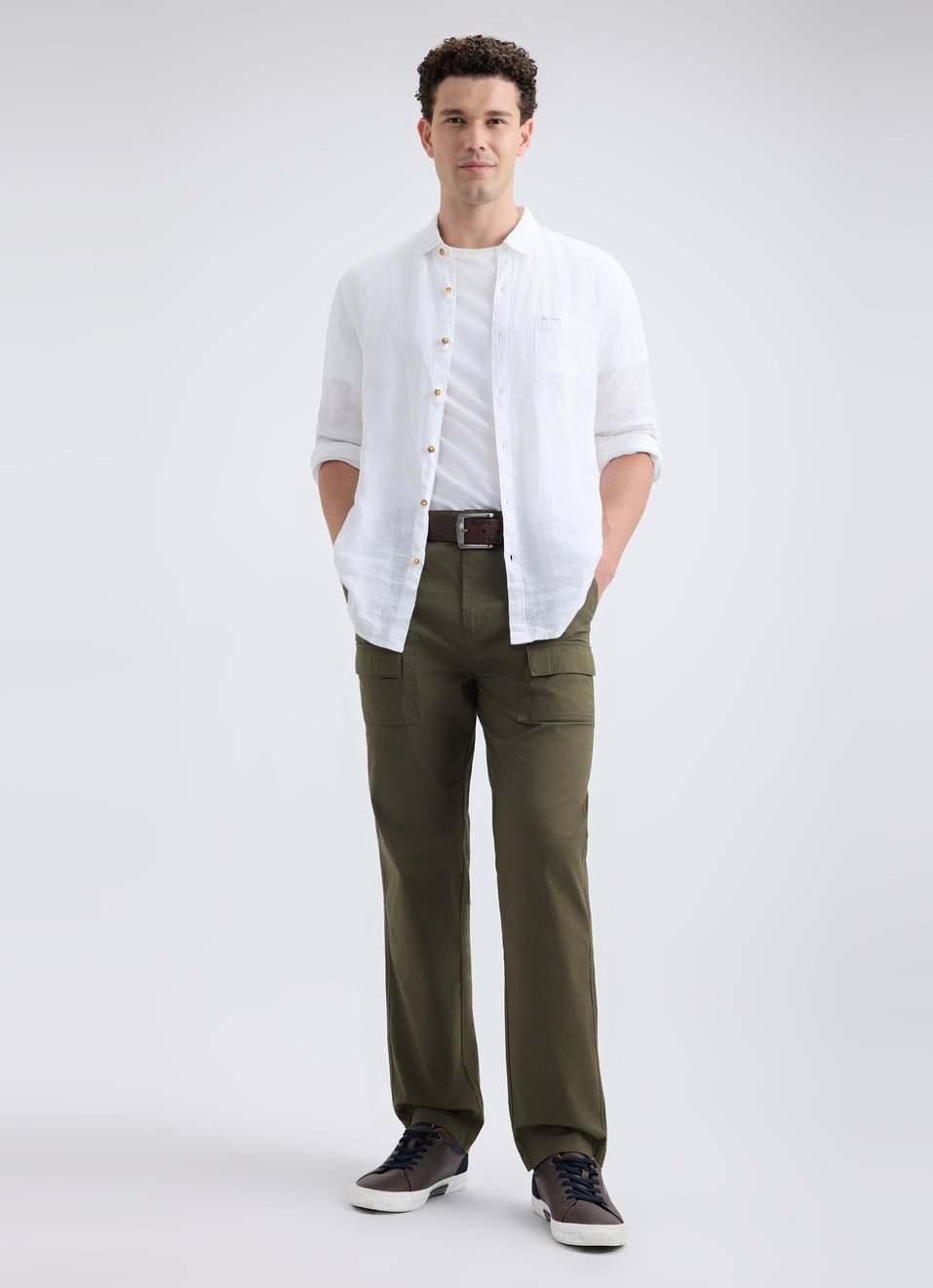 Men Green Mid Rise Over Dyed Stretch Cargos, , large image number 0