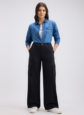Women Black Mid Rise Wide Leg Cargo Pants