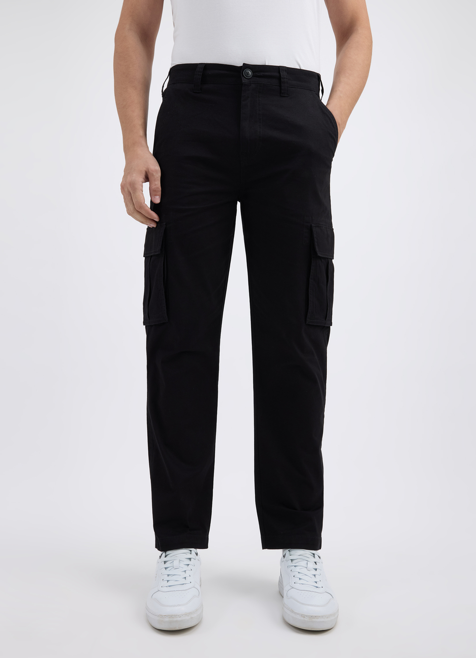 Men Black Lightweight Mid Rise Stretch Cargos, , large image number 1