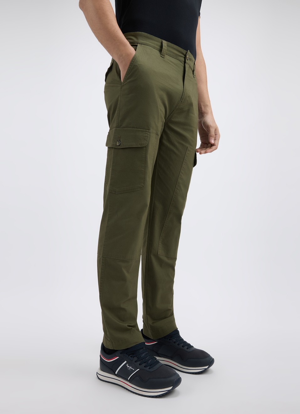 Men Green Mid Rise Stretch Cargos, , large image number 3