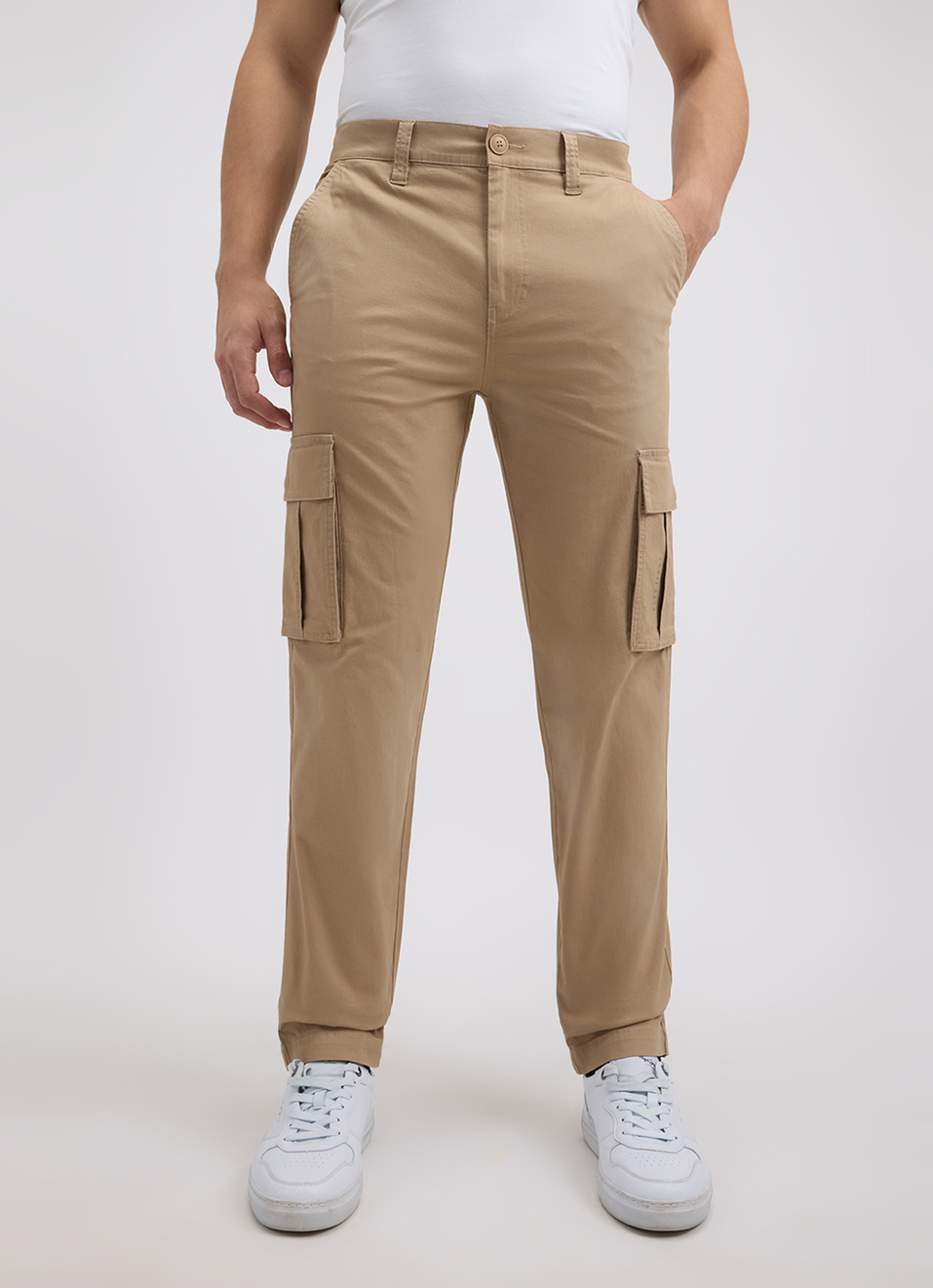 Men Ecru Mid Rise Stretch Cargos, , large image number 1