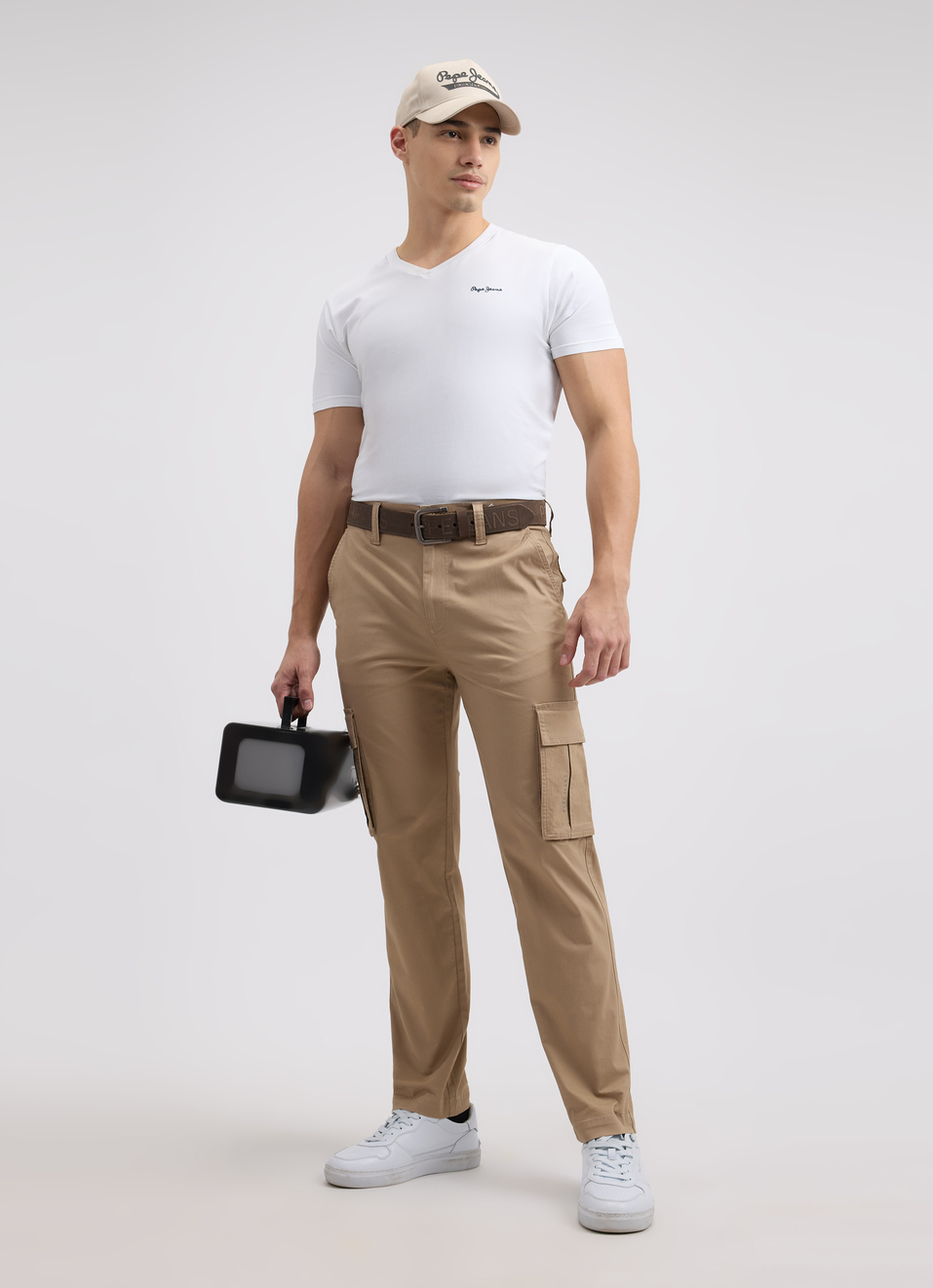 Men Ecru Mid Rise Stretch Cargos, , large image number 0