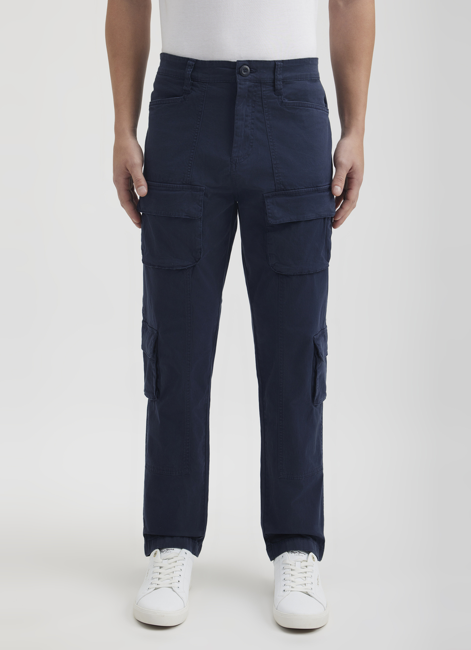 Men Navy Mid Rise Stretch Cargos, , large image number 1