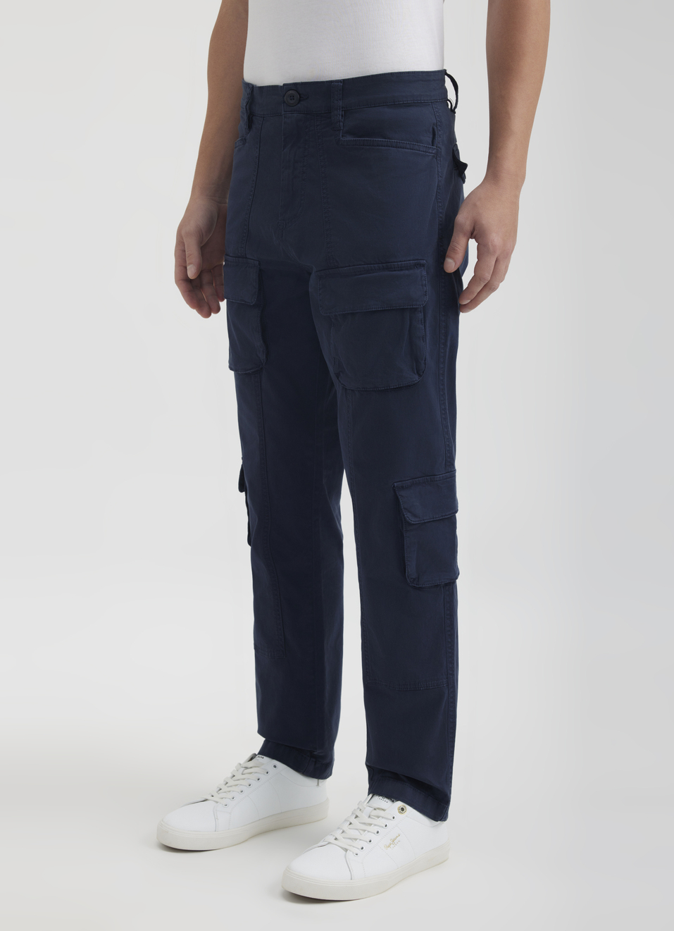 Men Navy Mid Rise Stretch Cargos, , large image number 3