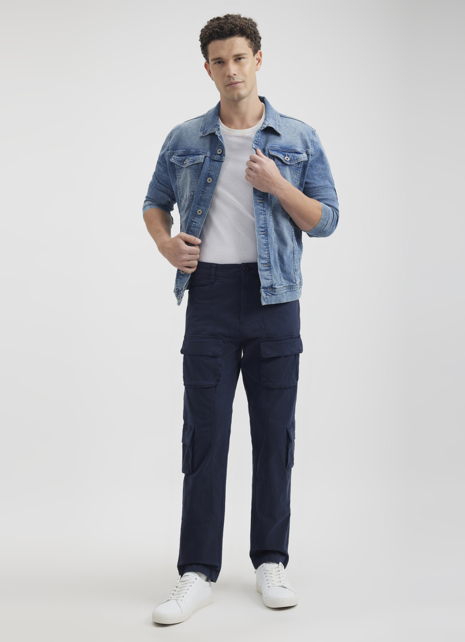 Men Navy Mid Rise Stretch Cargos, , large image number 0