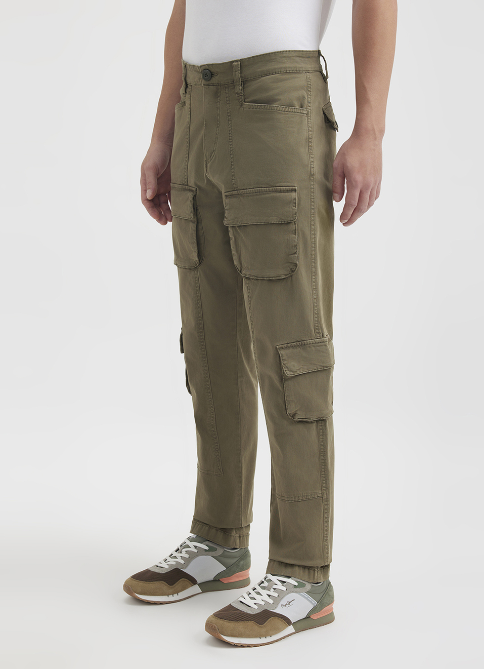 Men Green Mid Rise Stretch Cargos, , large image number 6