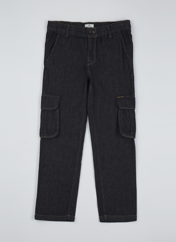 Boys Black Mid Rise Denim Cargo Pants