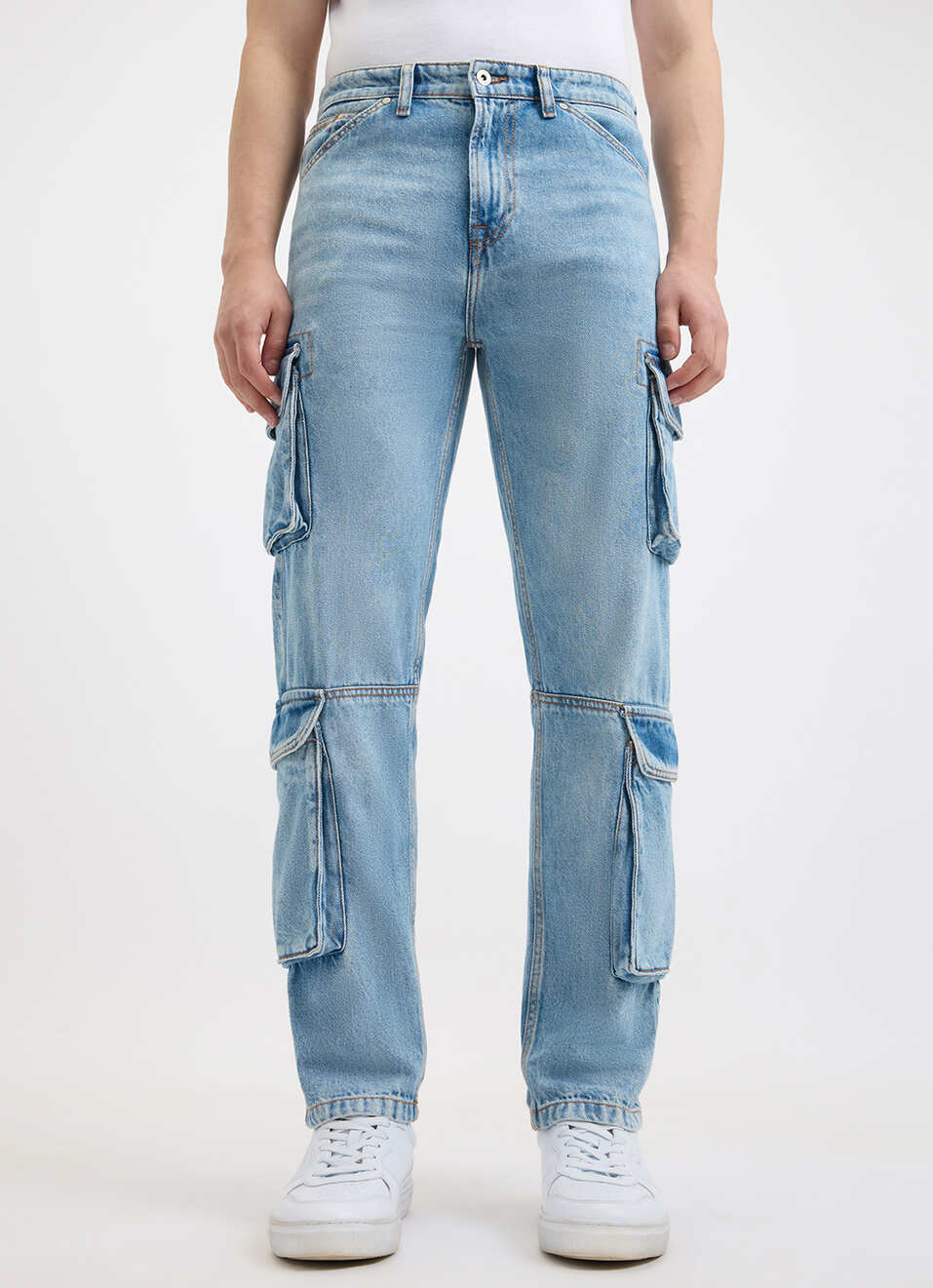 Men Blue Straight Fit Mid Rise Cargo Jeans, , large image number 5