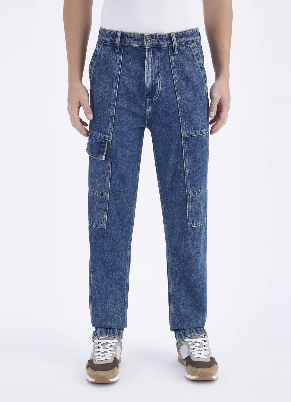 Men Blue Straight Fit Mid Rise Cargo Jeans, , large image number 1