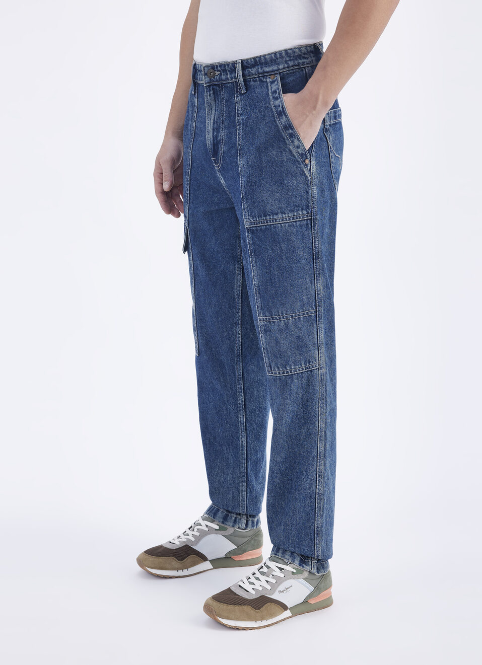 Men Blue Straight Fit Mid Rise Cargo Jeans, , large image number 3