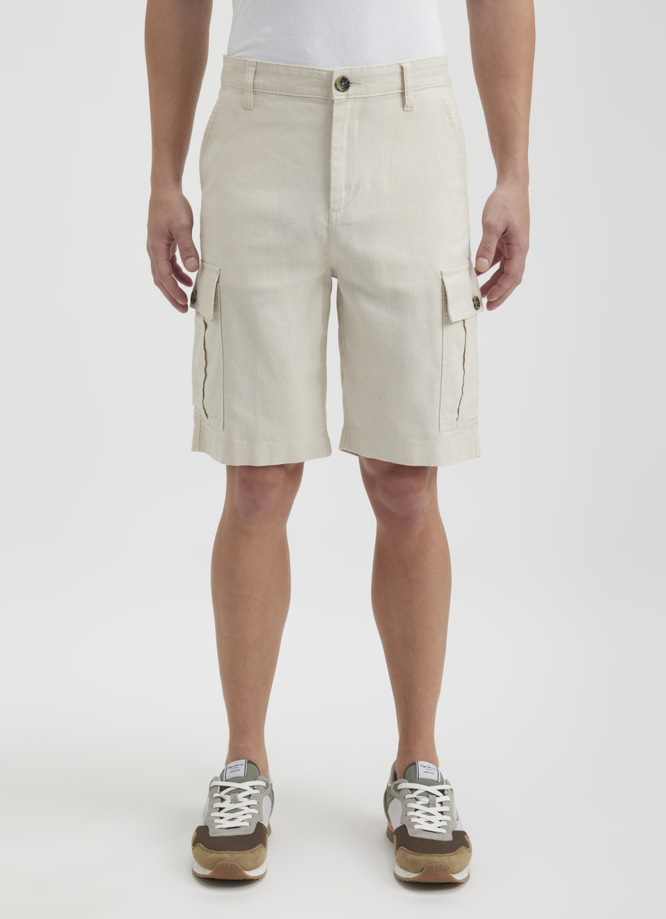 Men Ecru Mid Rise Cargo Shorts, , large image number 1