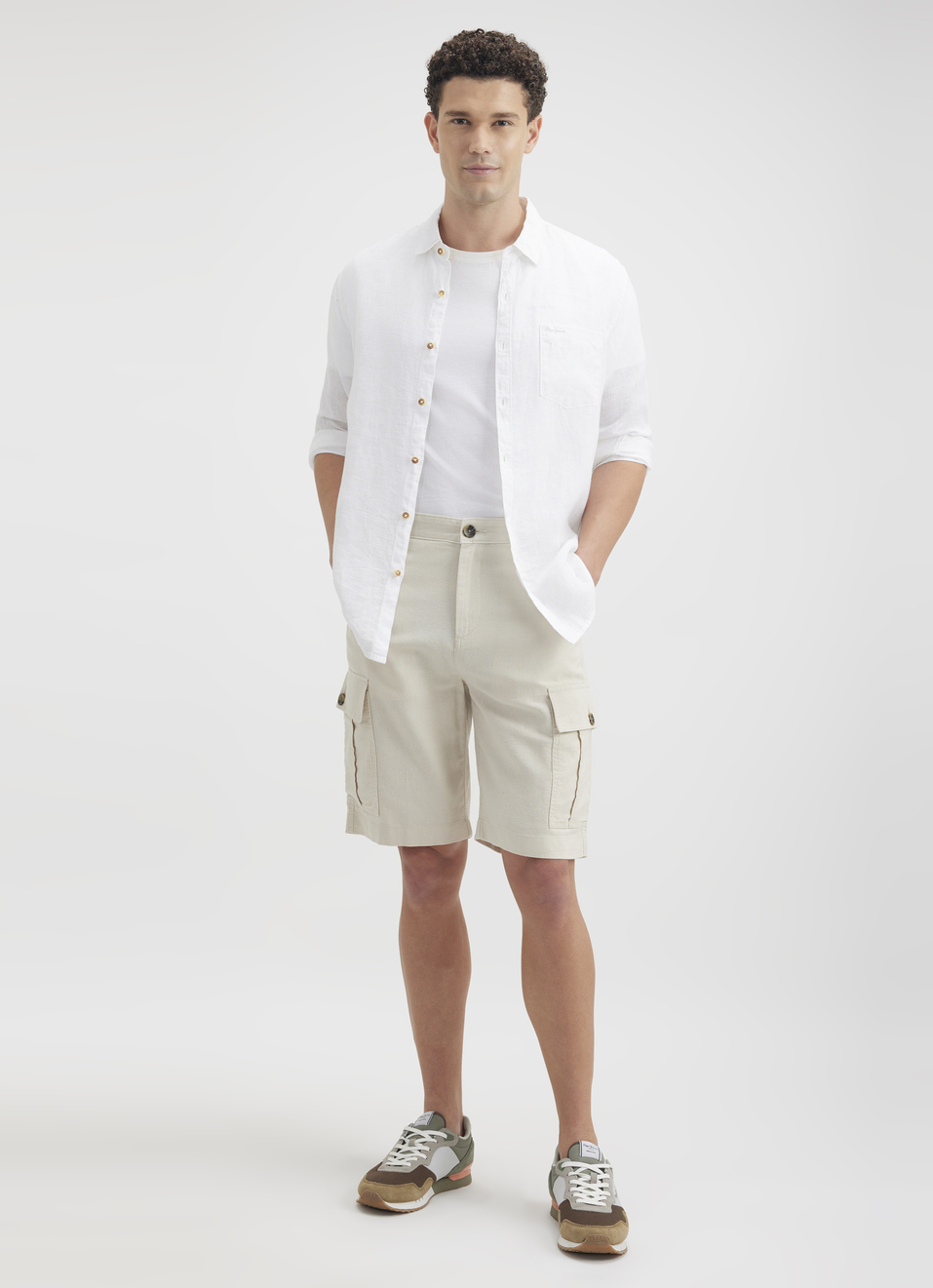 Men Ecru Mid Rise Cargo Shorts, , large image number 0