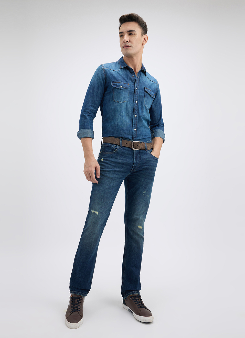 Men Tinted Blue Straight Fit Mid Rise Destressed Jeans , , large image number 1