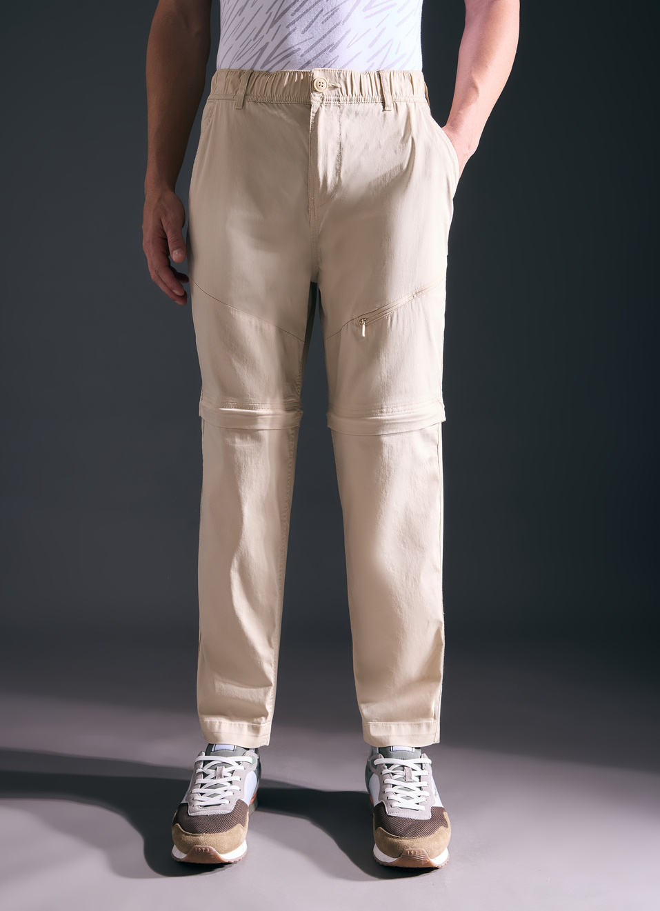 Men Beige Mid Rise Convertible Joggers, , large image number 1