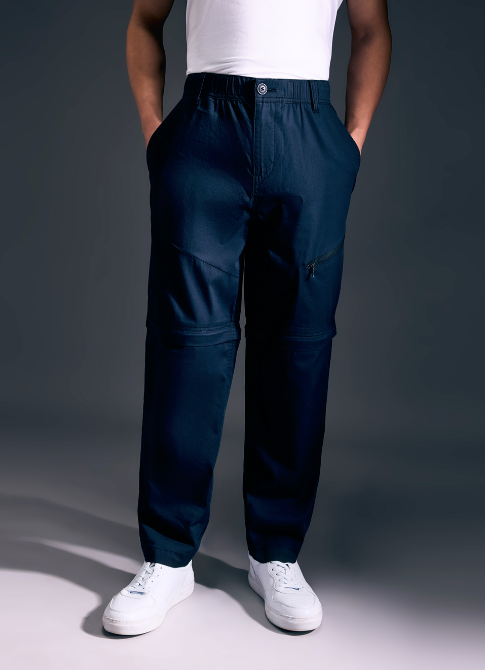 Men Black Mid Rise Convertible Joggers, , large image number 1