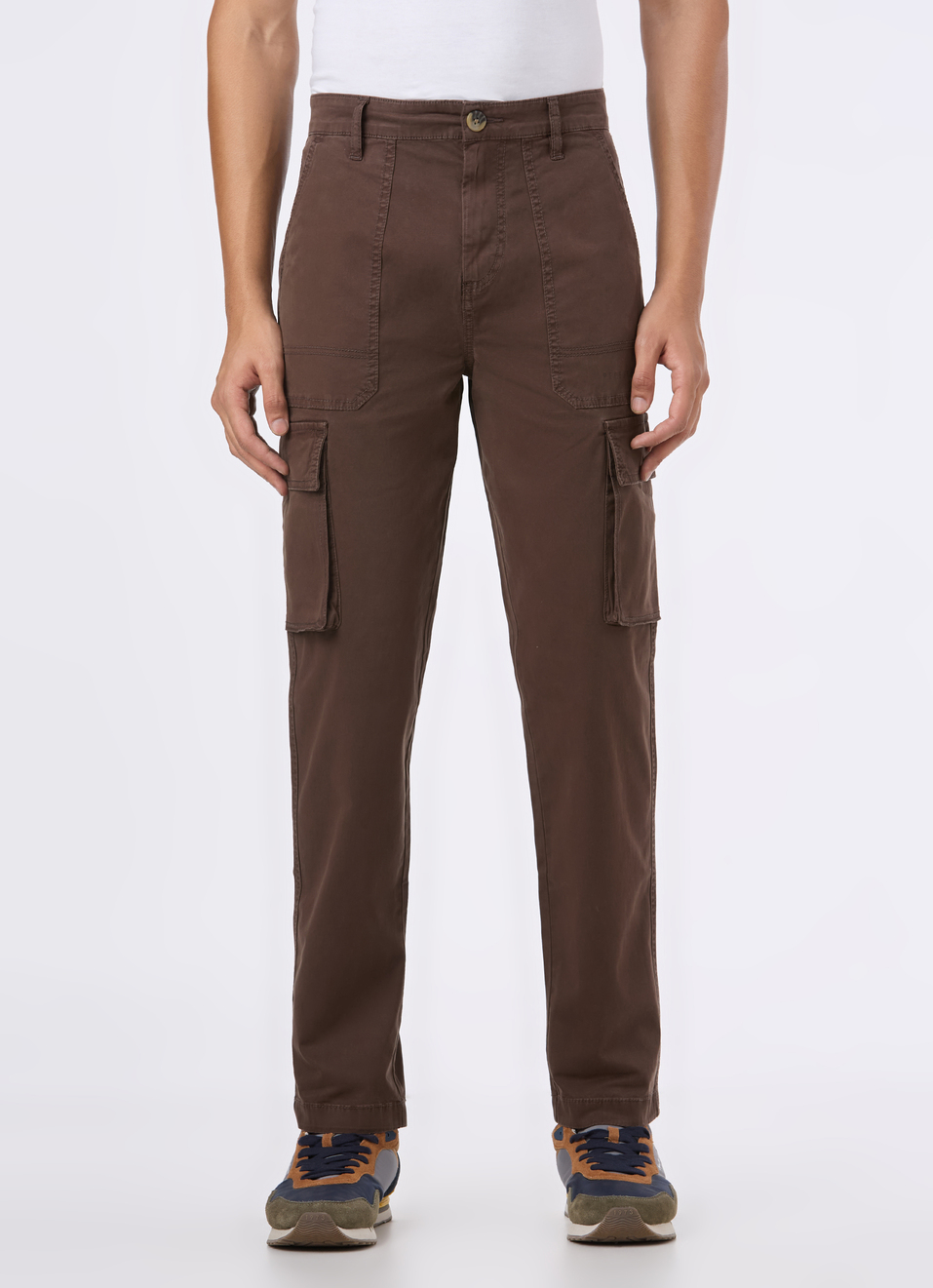 Men  Brown Overdyed Mid Rise Utility Stretch Cargo Pants, , large image number 1